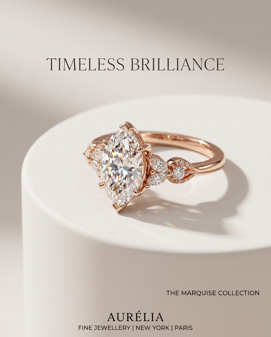 A rose-gold marquise ring on a cream plinth with clean type reading Timeless Brilliance