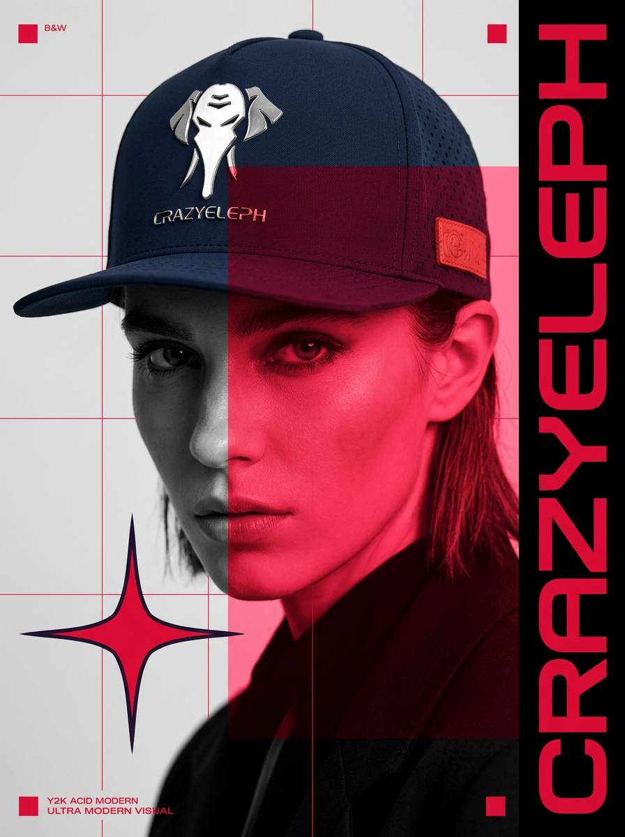 A navy snapback carrying a Y2K poster treatment: red grid, red block across the face, four-pointed star