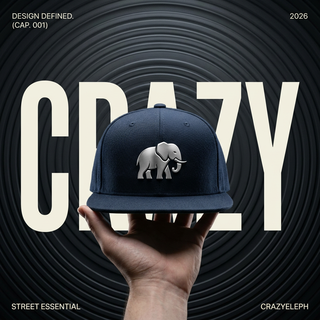 A navy cap poster where the emblem is a full-body elephant instead of the product's front-facing head