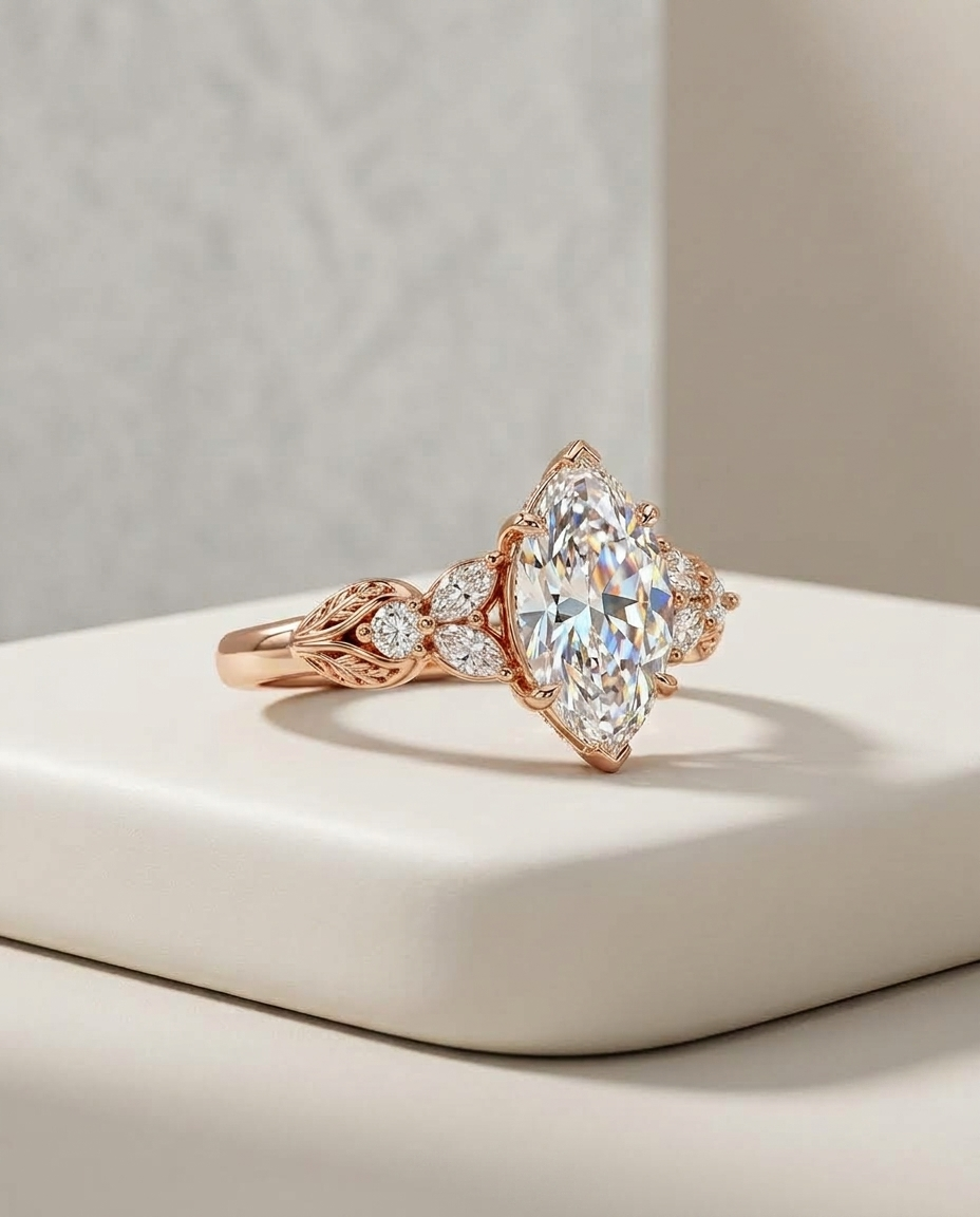 A rose-gold marquise ring on a cream plinth, soft directional light