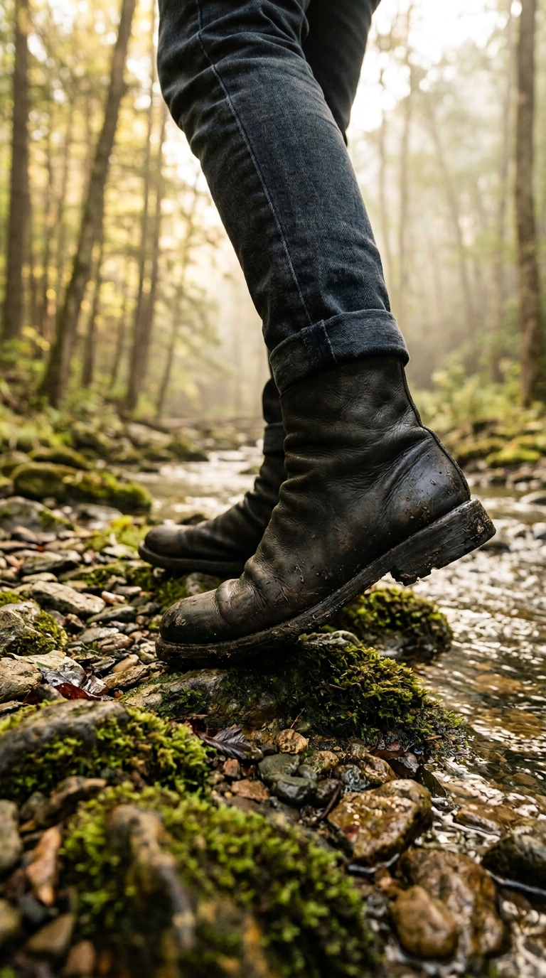 The same boots worn on a mossy rock beside a forest stream, backlit
