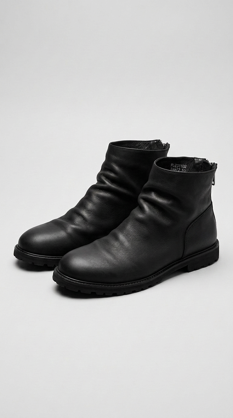 The same black boots on a pale studio sweep with a soft shadow underneath
