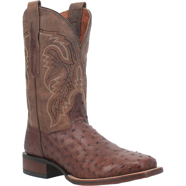 A cognac ostrich-leather cowboy boot on a white background